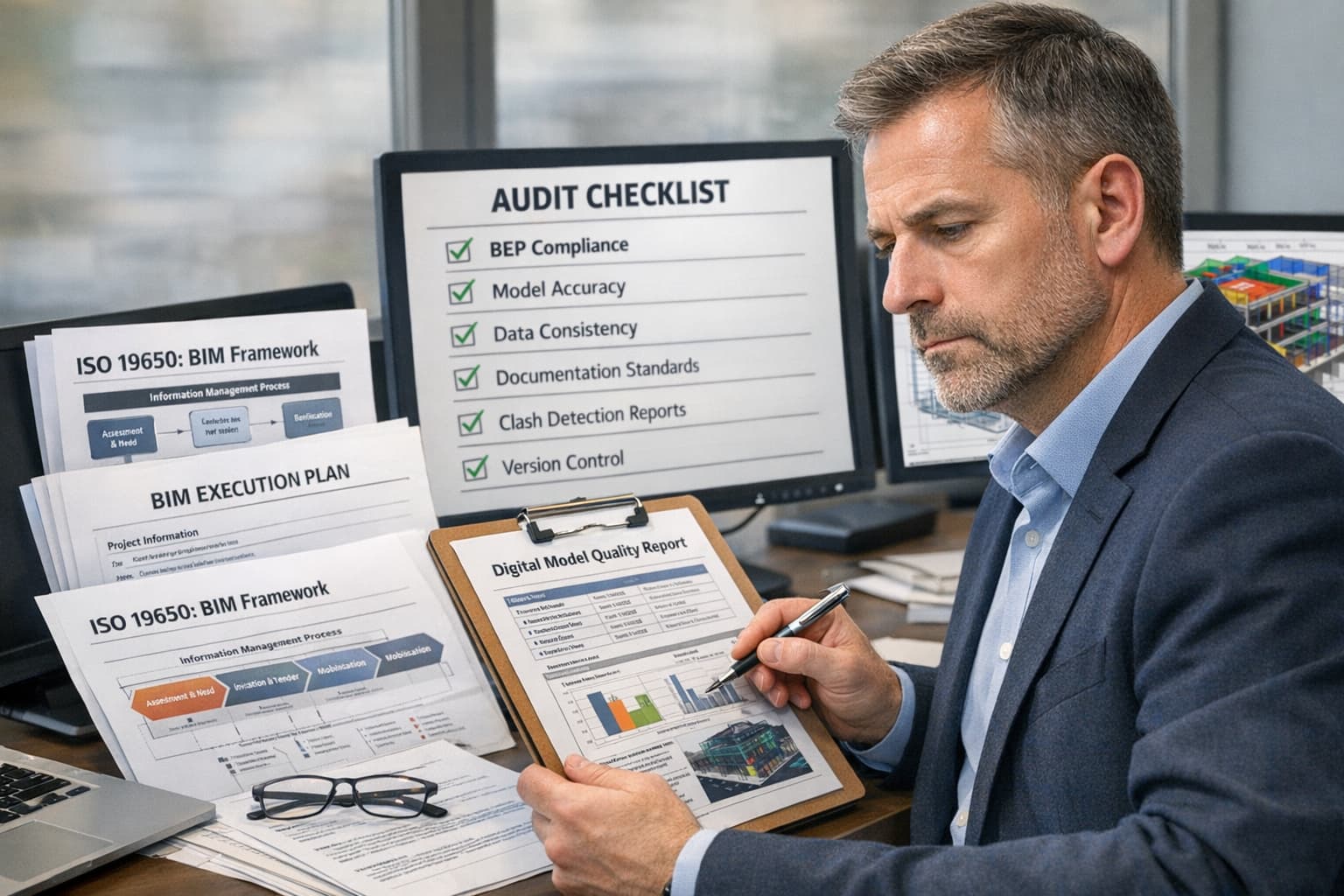 Independent BIM auditor reviewing quality reports and ISO documentation