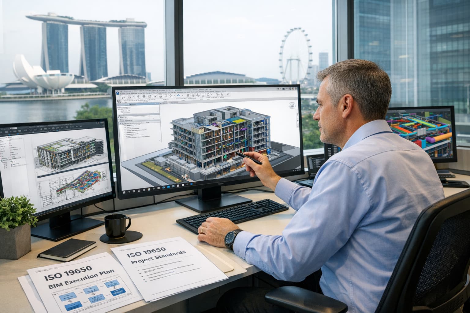BIM consultant reviewing 3D model and ISO 19650 documentation in professional office