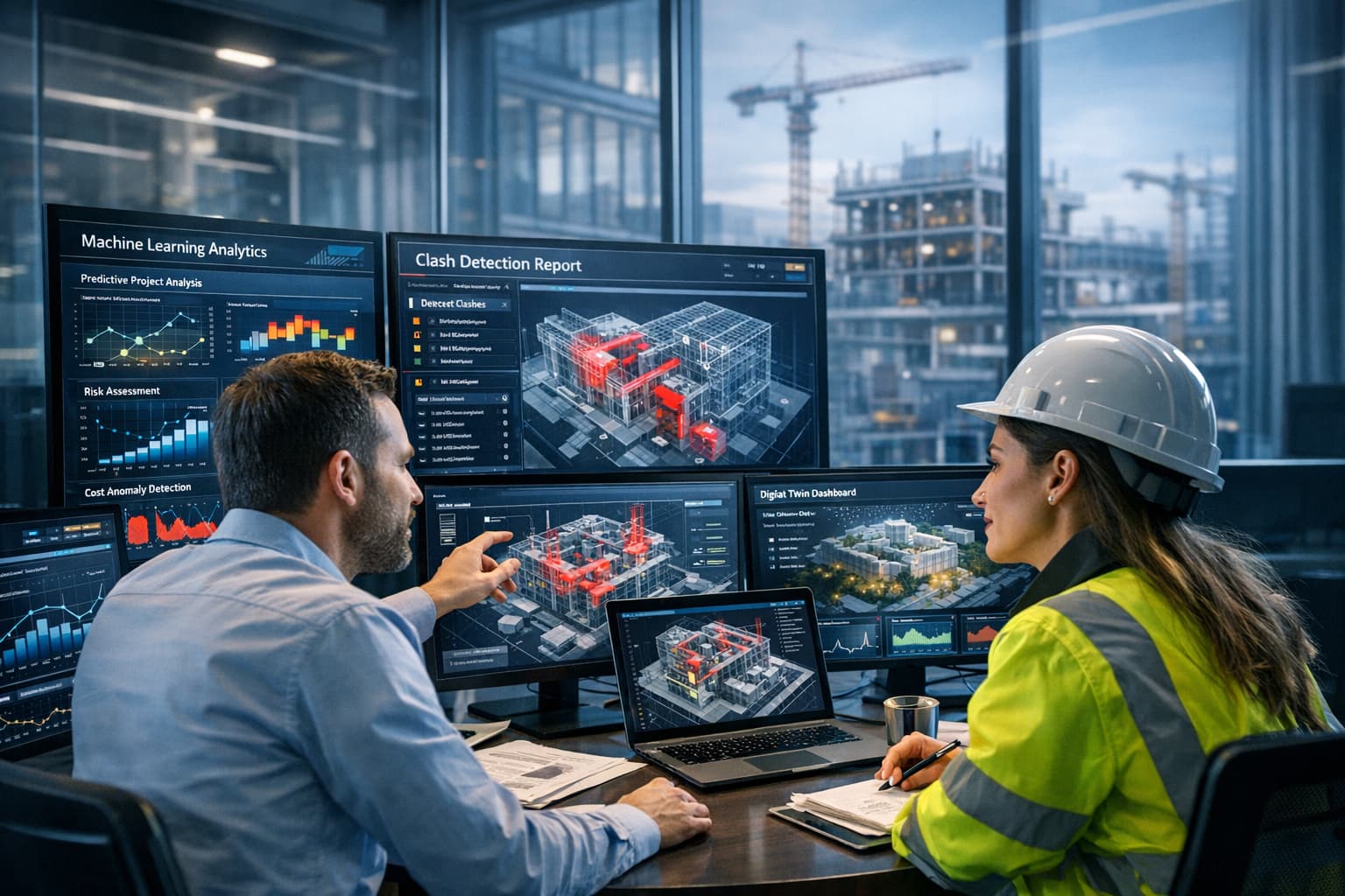 AI and BIM engineers working on intelligent AECO workflow dashboards