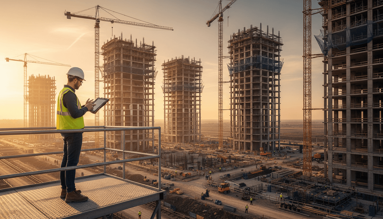 Construction manager reviewing architectural plans on tablet at an active AECO project site during golden hour