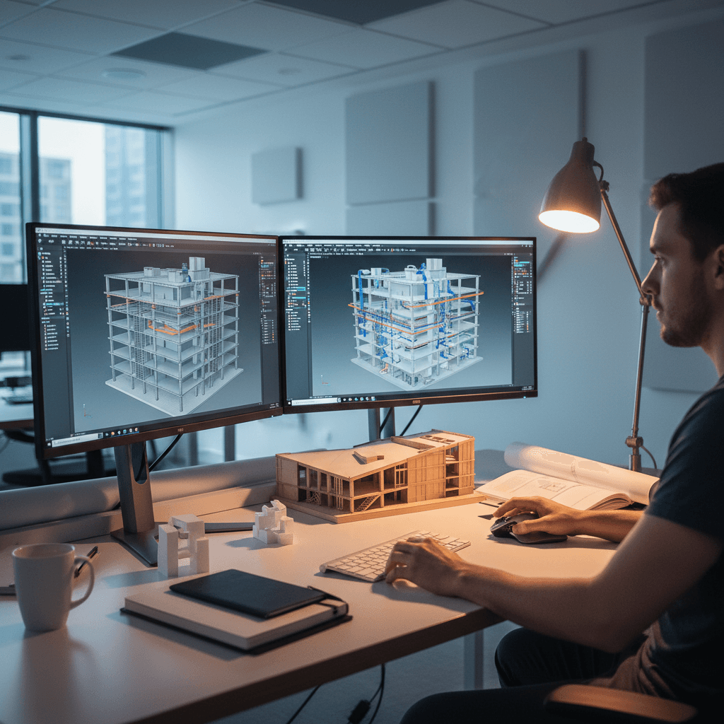 BIM authoring and modeling on dual monitors