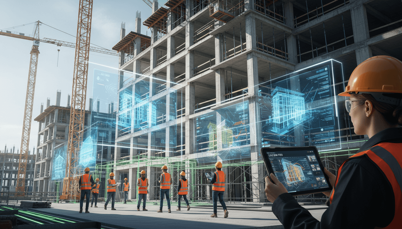 Modern construction site with integrated digital BIM data management systems and live 3D model visualization on tablets