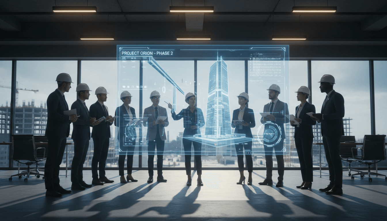 Professional team collaborating around a digital BIM model display during a structured project coordination meeting