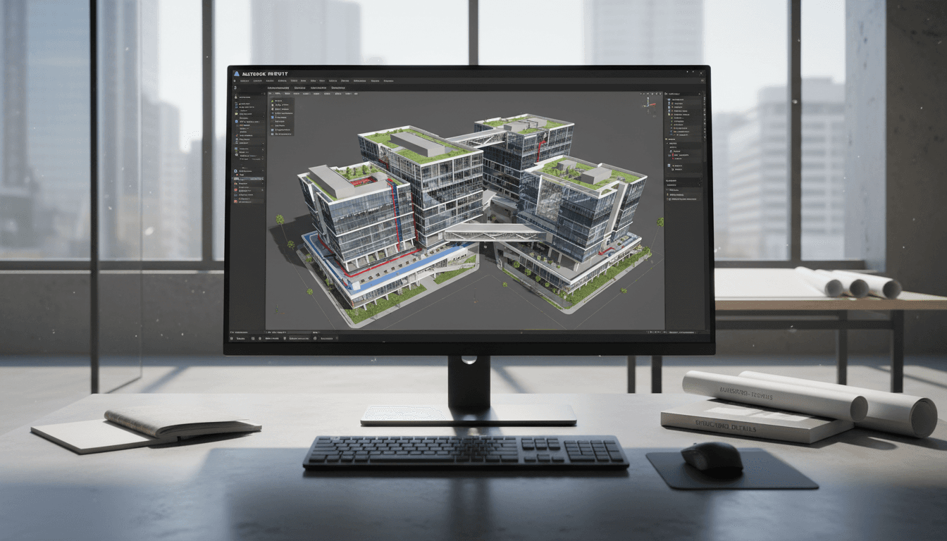 3D BIM model visualization on desktop monitor in professional office